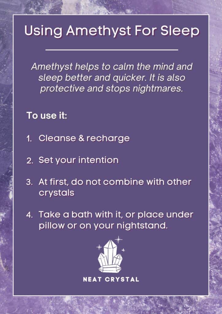 Infographic explaining the benefits of using amethyst for sleep, as well as how to use the crystal to sleep better and quicker.